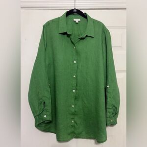 J.Jill Size 2X Linen Top Beautiful Green w/ Button Up Sleeve